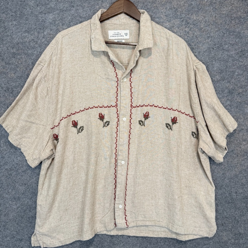 Abercrombie & Fitch Summer Linen Blend Crop Camp Shirt Mens 2XL Floral Relaxed